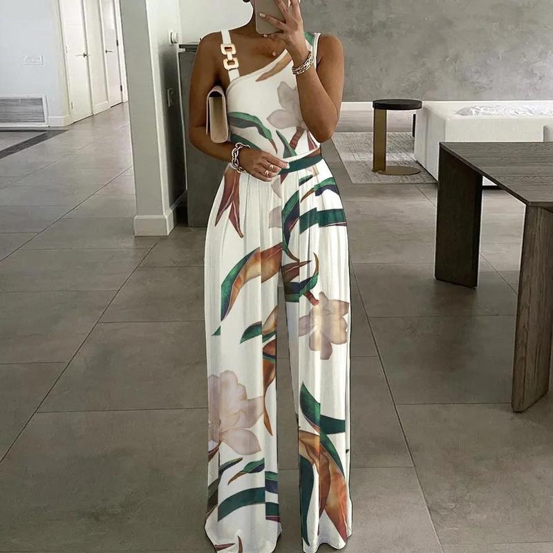 Women's Floral Print Ring Linked Asymmetrical Neck Plicated Jumpsuit, Boho Casual High Waist Wide Leg Jumpsuit for Summer, Summer Clothes 2025 3
