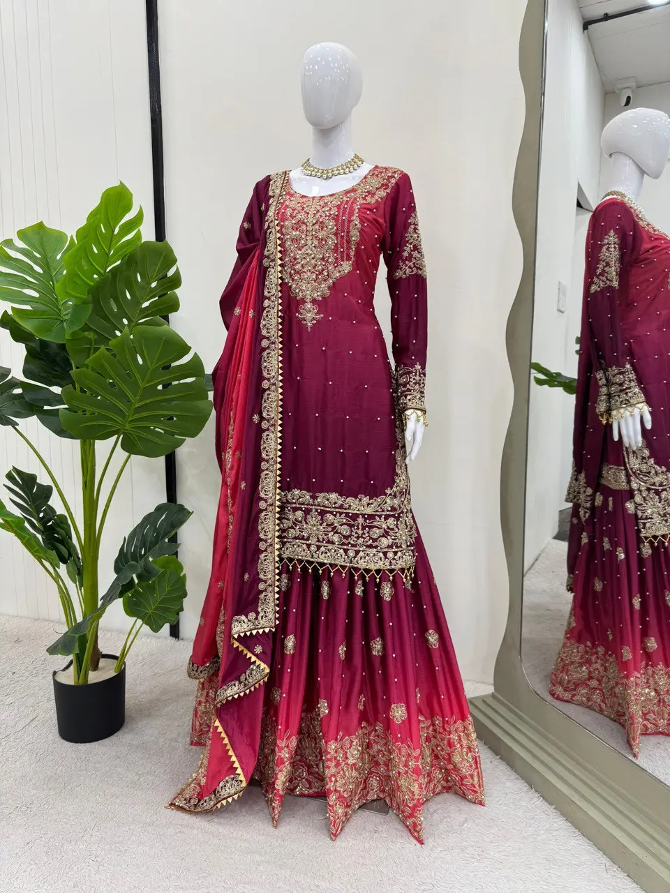 New Designer Party Wear Look Fancy Top-Dupatta and fully stitched Sharara in Heavy Chinnon Silk with Heavy Embroidery Sequence Work  Available in 2 Colors