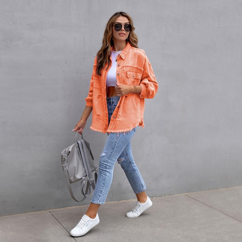 2025 New Denim Jacket Women's Solid Color Loose Jacket Ripped Long Sleeve Women's Denim Shirt Hot Selling 1