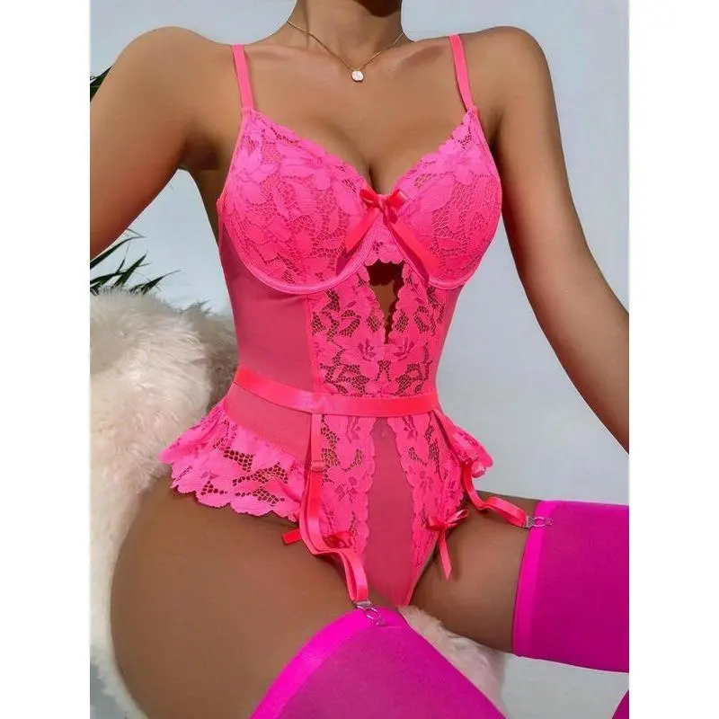 Women's Cut Out Lace Sexy Lingerie Set, Adjustable Strap Sheer Bodysuit & Garter Belt & Stockings, Women's Lingerie & Underwear for All Seasons 6