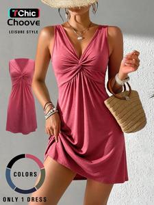 Women's Plain Twist Ruched Deep V Neck Tank Dress, Casual Sleeveless A Line Short Dress for Daily Outdoor Wear, Ladies Clothes for All Seasons