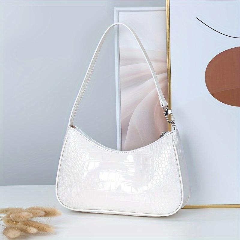 White Crocodile Pattern Women's Shoulder Bag - Stylish Synthetic Leather Baguette with Zipper Closure, Polyester Lining, and Detachable Strap for Everyday Use 1