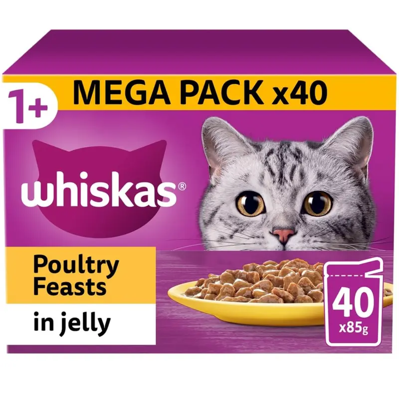 WHISKAS - 1+ Adult Wet Cat Food Pouches - 40 x 85 g - Poultry Selection - Bulk Cat Food Megapack - 40 Jelly Pouches 1