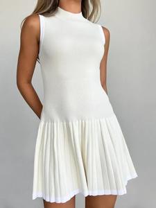 Women's Solid Color Pleated Tank Dress, Casual Sleeveless Stand Collar Knit Dress for Fall & Winter, Women's Clothing for Daily Wear