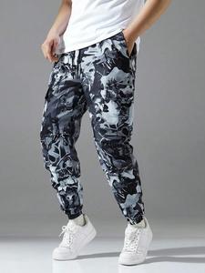 Men's  All Over Print Drawstring Waist Cargo Pants, Casual Pocket Design Trousers for Daily Wear, Streetwear Pants for Men