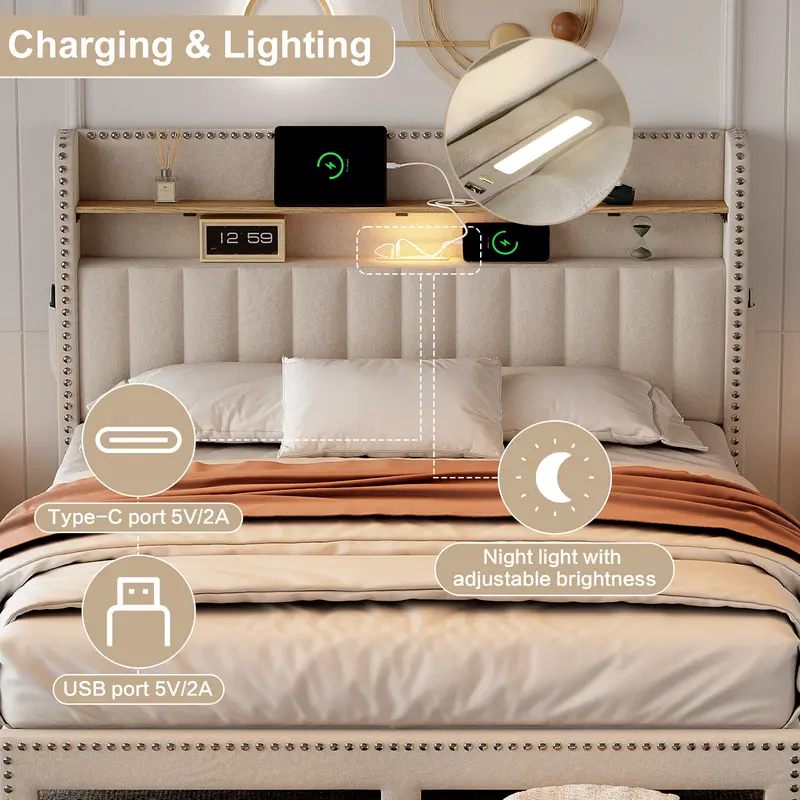 4ft6 Double Upholstered Bed with 2 Storage Drawers, Riveted Storage Bed with Charging and Lighting, Linen Platform Bed Frame No Box Spring Needed, Easy Assembly, Beige (No Mattress) 2