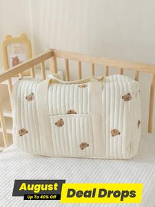 Cute Bear Pattern Quilted Storage Bag, Large Capacity Shoulder Lightweight Mommy Bag, Multifunctional Diaper Bag for Outdoor, Newborn To Toddler Essentials, Travel Diaper Tote