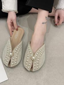 Women's Fashionable Faux Pearls Decorated Slip on Sandals, Casual Comfortable Flat Sandals for Summer, Lightweight Breathable Shoes for Daily Wear