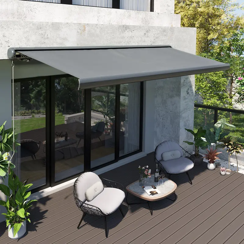 Outsunny 3.5x3m LED Light Full Cassette Case Electric/Manual Awning Door Window Sun Shade Patio Canopy Retractable w/ Remote Grey 1