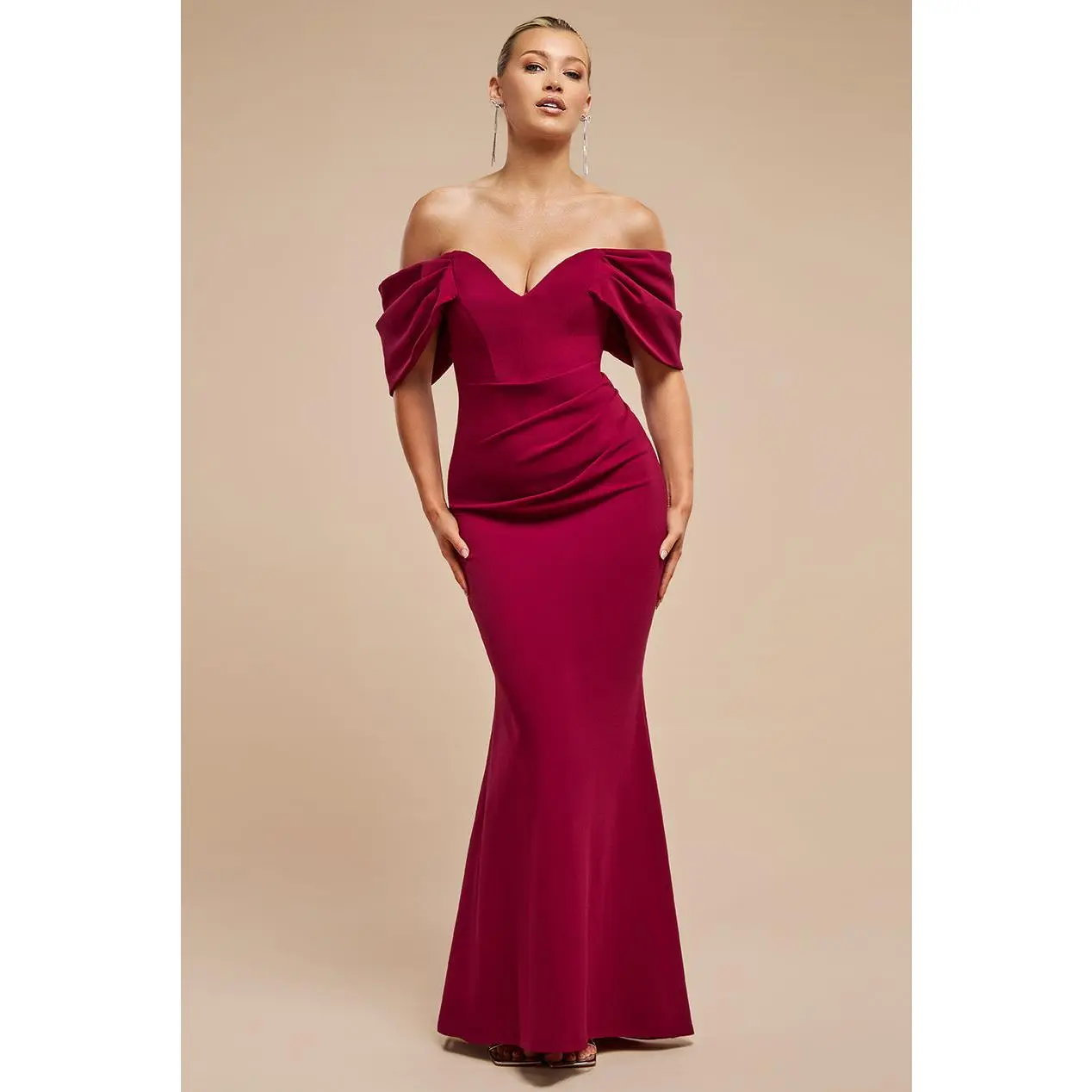 Off The Shoulder Draped Sleeve Maxi Dress - Burgundy by Goddiva