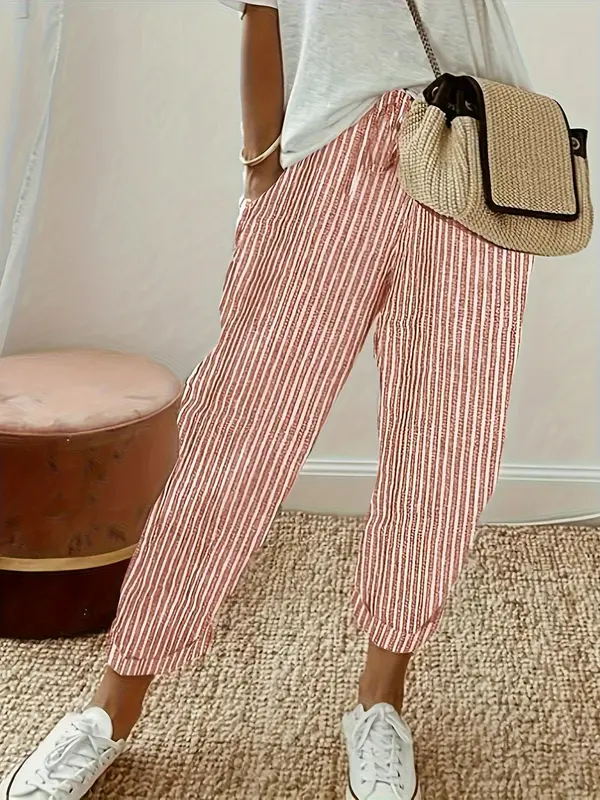 Baggy Legged Pants, Women's Striped Wide-Leg Casual Pants – High Waisted, Comfortable All-Season Wear, Side Stripe Detail, Machine Washable, Perfect for Casual Outings, Travel, Beach Days, Vacation, Resort Wear, Relaxing Weekend, Summer Daily Wear 1