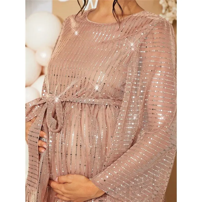 Festival Music Maternity Autumn Long Sequin Elegant Gender Loomaby Reveal Dress Pregnant Women Loose Sleeve Baby Shower For 6