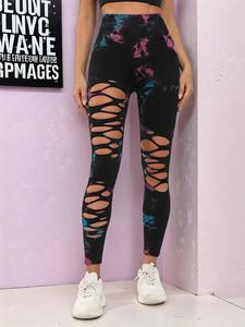 Women's Tie Dye Print Ripped High Waist Scrunch Sports Leggings, Casual Comfy Breathable Skinny Pants for Yoga Gym Workout Running, Ladies Sportswear for All Seasons