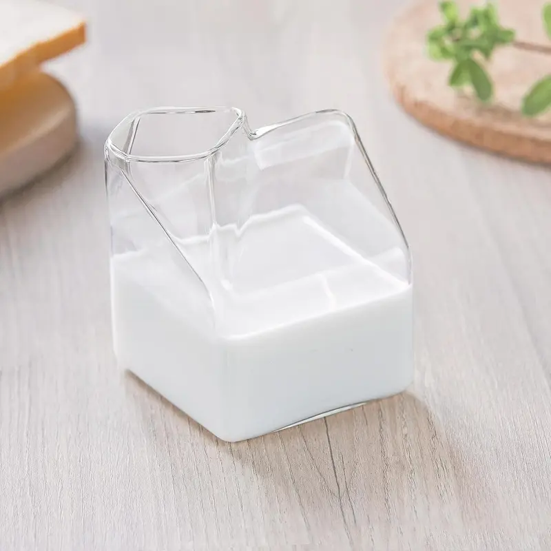 Glass Milk Carton Creamer Pitcher Cute Clear Kawaii Milk Carton Cup Mini Creamer Pitcher Container 12 Oz, 1Pcs 1