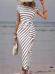 Women's Solid Color / Striped / All Over Print Knot Batwing Sleeve Dress, Chic Short Sleeve Round Neck Long Dress, Ladies Clothes for Beach Holiday, Casual Summer Clothes