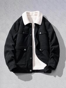 Men's Solid Color Button Front Plush Lined Corduroy Jacket, Loose Casual Long Sleeve Flap Pocket Design Collared Outerwear for Fall & Winter, Men's All-Match Clothes for Daily Wear