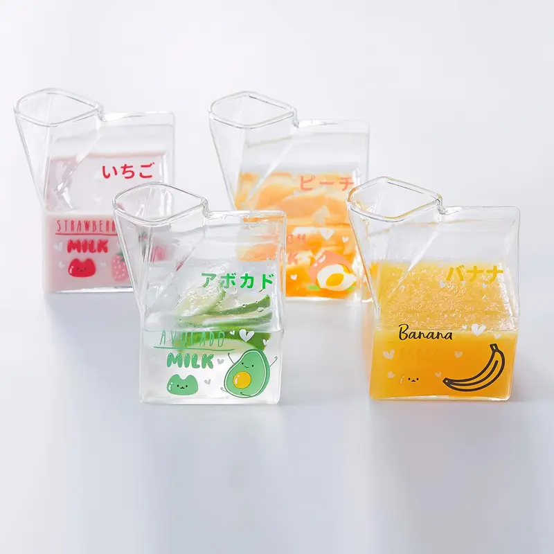 Glass Milk Carton Creamer Pitcher Cute Clear Kawaii Milk Carton Cup Mini Creamer Pitcher Container 12 Oz, 1Pcs 4