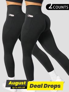 Women's Solid High Waist Pocket Sports Leggings, High Stretch Breathable Skinny Pants for Yoga Gym Workout Running, Gym Yoga Clothing, Tight Fit Sporty, Breathable Athletic Bottoms, Gym Sportswear Bottoms, Fitness Pants