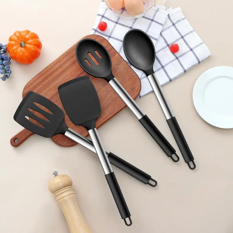 Black Silicone Turners Spoons Kitchen Utensil Set, 4Pcs for Cooking Serving Mixing, Heat Proof & Safe for Non-Stick Cookware, Stainless Steel Handle 1