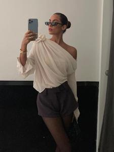 Women's Plain Floral Decor Blouse, Elegant Casual Asymmetrical Neck Top for Spring & Fall, Women's Clothing for Daily Wear