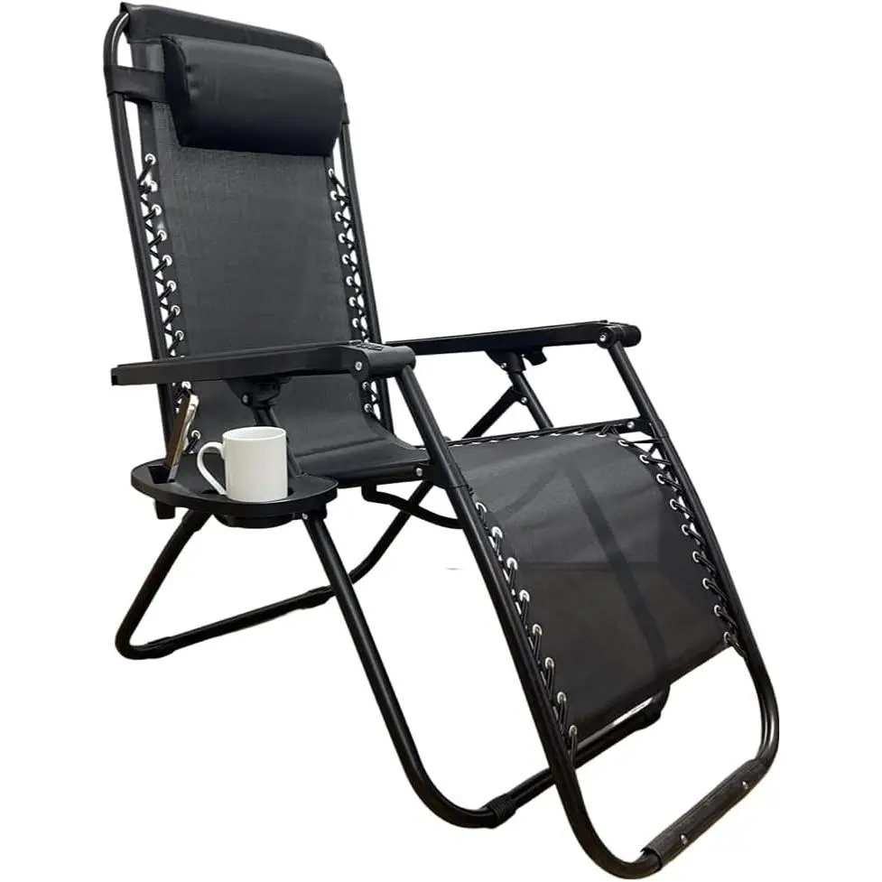 REQUISITE NEEDS Zero Gravity Chair Heavy Duty Textoline Outdoor & Garden Sunloungers Reclining, Folding Chair, Relaxer Chairs with Cup Holder and Headrest Pillow (1, BLACK)