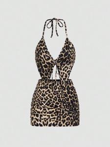 Women's Plain / Leopard Print Halter Sleeveless Crop Top & Skirt Two-piece Set, Fashion Backless Asymmetrical Hem Top & Ruched Skirt, Ladies Summer Clothes, Co Ords for Women, Womenswear, Matching Clothing Set, Casual Outfits, Summer Beach Set