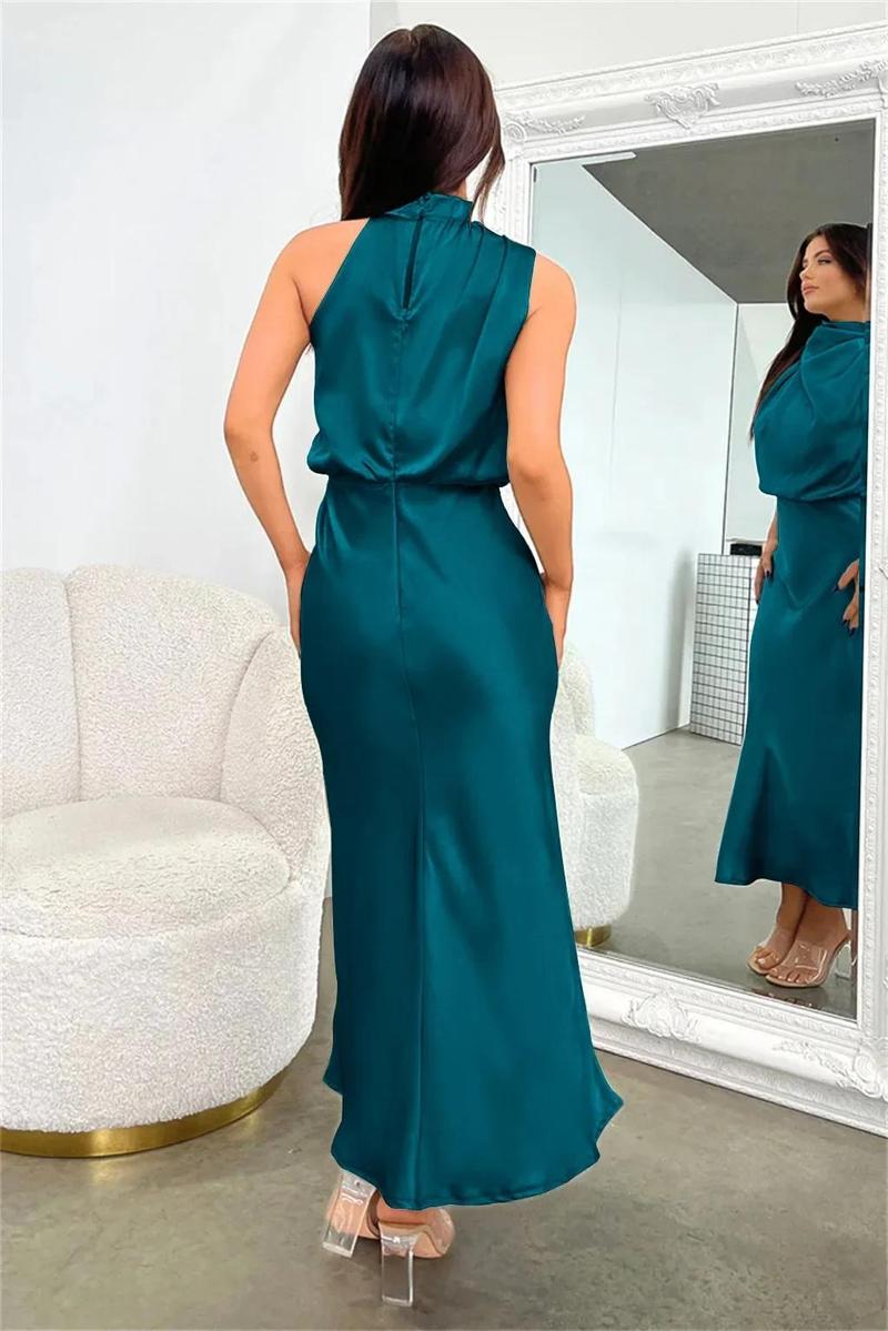 Product Introduction of 2025 Spring/Summer Long Dress for Women High Waist Halter Satin Sleeveless Dress Fashion Elegant Solid Evening Party Dresses 28