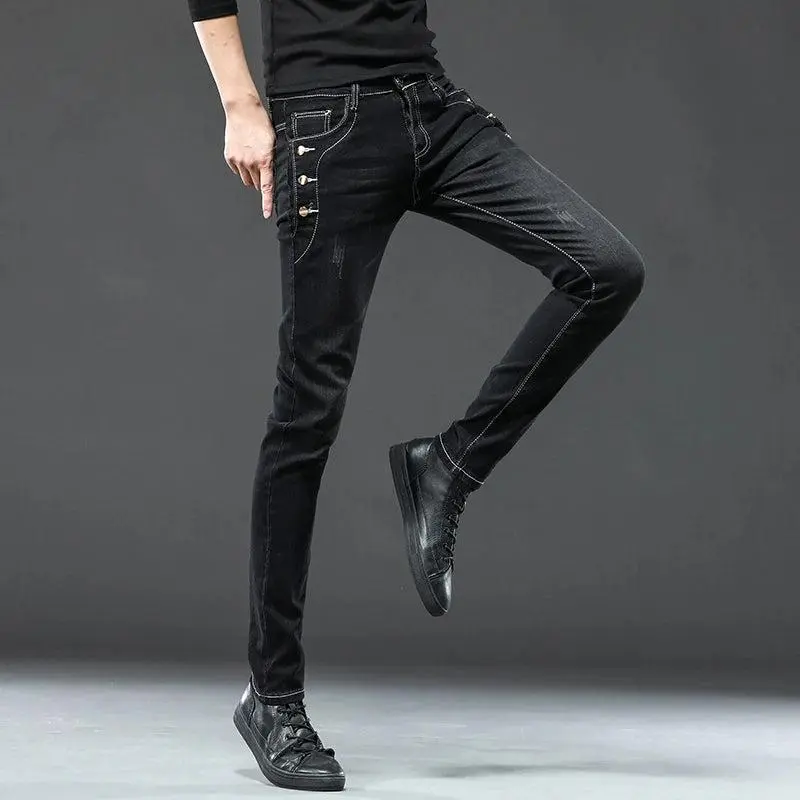 Classic Slim Vintage Fashion Men's Designer Jeans Snowflake Grey Wash Korean Fashion Stretch Pants Multi-button Denim Trousers 2