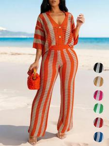 Two-Piece Set Women's Colorblock Striped Print Hollow Out Button Front Top & Wide Leg Pants, Casual Drop Shoulder Collared Top & High Waist Trousers for Spring & Fall, Ladies Clothes for Daily Wear