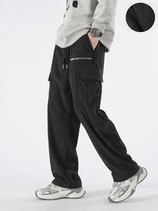 Men's Solid Drawstring Waist Cargo Pants, Loose Casual Pocket Zipper Design Trousers for Fall & Winter, Men's Bottoms for Daily Wear