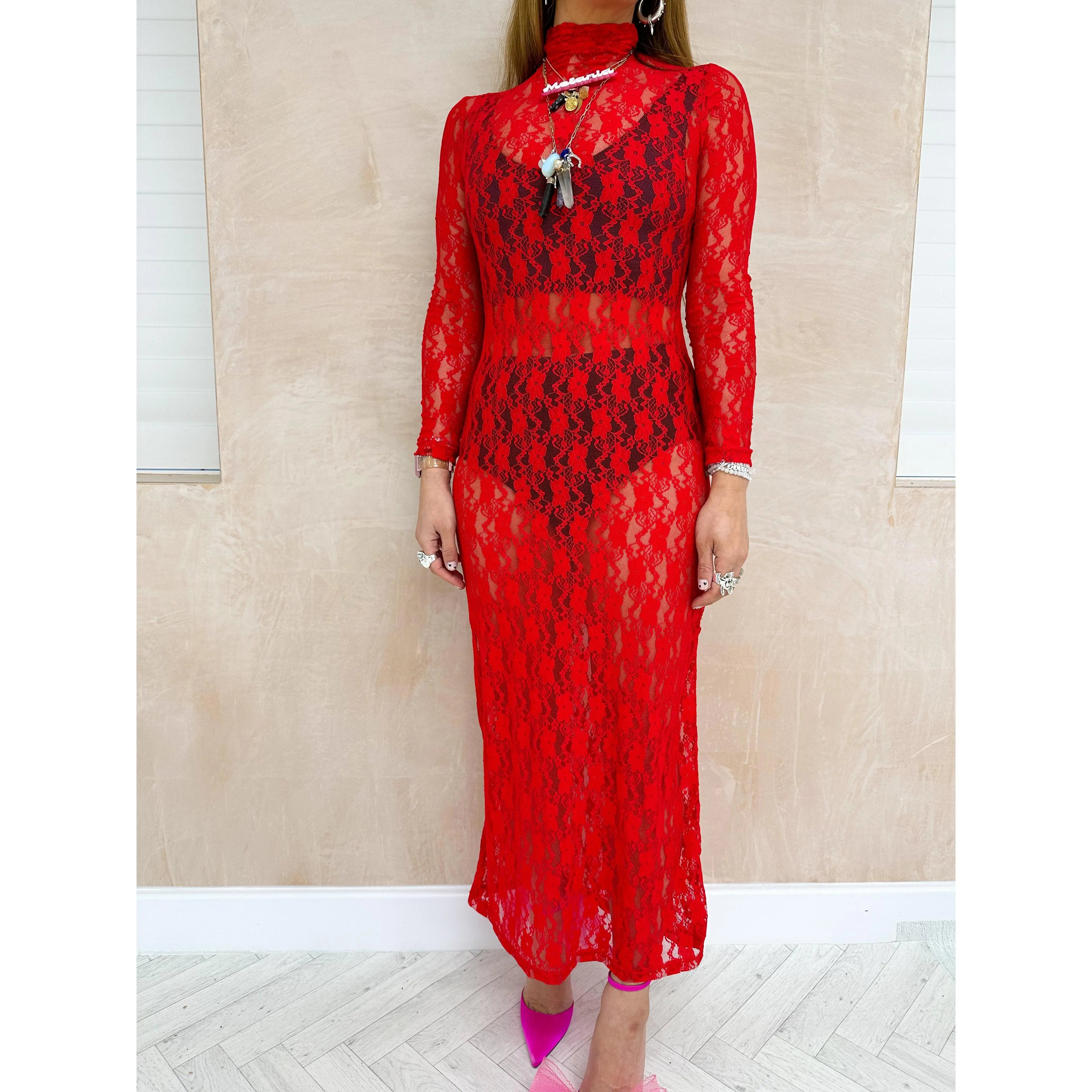 Sheer Lace Midi Dress In Red