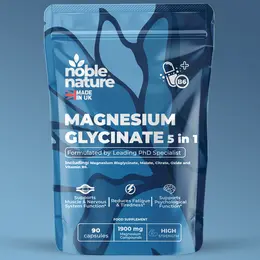 NobleNature 5-in-1 Magnesium Glycinate | Formulated by PhD Expert | High Strength 1900mg per Serving | Supports Muscle Function, Energy, Tiredness, Bones & Nervous System | With Vitamin B6 | Food Supplement
