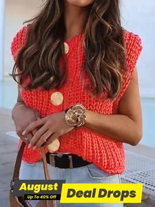 Women's Plain Button Front Pocket Sweater Vest, Chic Casual Basic Minimalist Fitted Medium Stretch Sleeveless Round Neckline Knitwear for Spring, Fashion Women's Knit Clothing for Daily Wear, Womenswear Everyday, Lady Tops