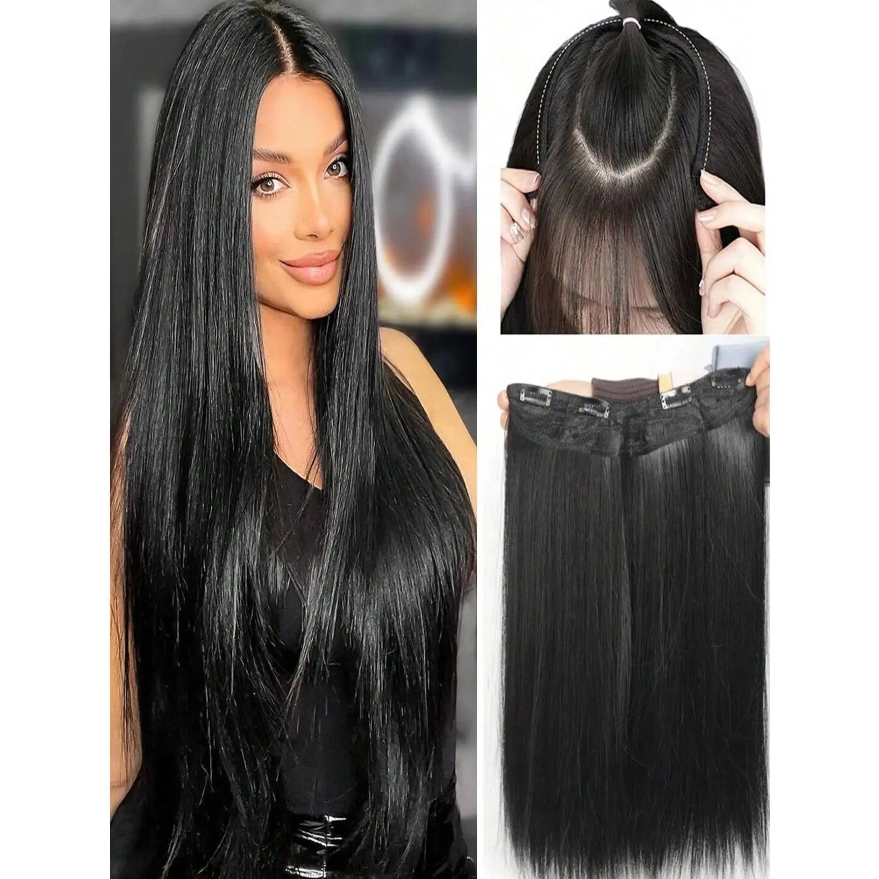 20/24/28 Inch Clip In Straight Hair Extensions 4 Clips V-Shap Synthetic Hairpiece For Women Heat Resistant Hair Extension Daily Use(Natural Black)