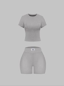 Women's Plain Ribbed Tee & Letter Patched Shorts Set, Casual Slim Fit Short Sleeve Round Neck T-Shirt & Shorts, Ladies Clothes for All Seasons Daily Wear, Womenswear