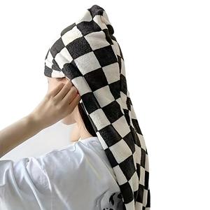Checked Pattern Hair Drying Towel, Soft Absorbent Thickened Hair Towel with Random Color Button, Hair Towel Wrap for Women & Girls, Bathroom Accessories, Microfiber Hair Towel, Quick Drying Towel