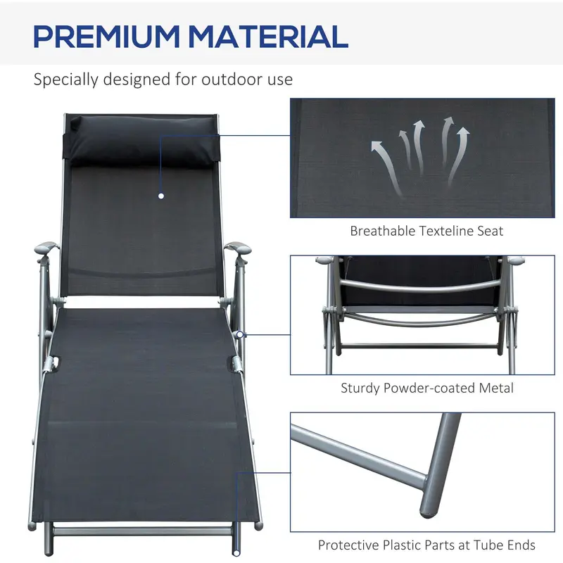 Black Folding Reclining Garden Sun Lounger With Arms and Pillow for Outdoor Relaxation 5