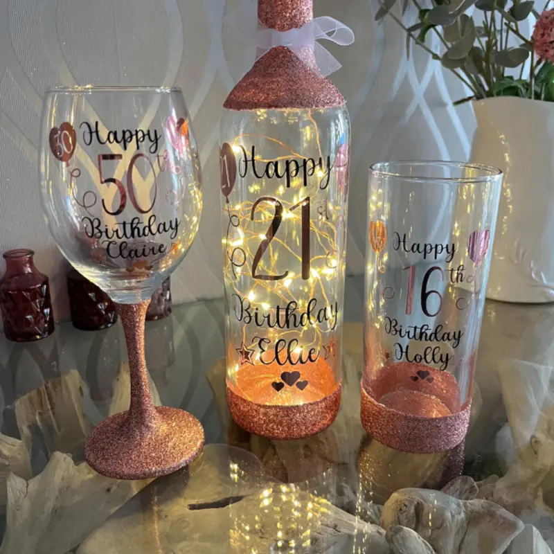 Personalised Glitter Birthday Glass Balloon design - 18th, 21st, 30th, 40th, 50th - Lit Wine Bottle Gin Wine - Rose Gold and many other colours available - Stylish, Drinkware 1