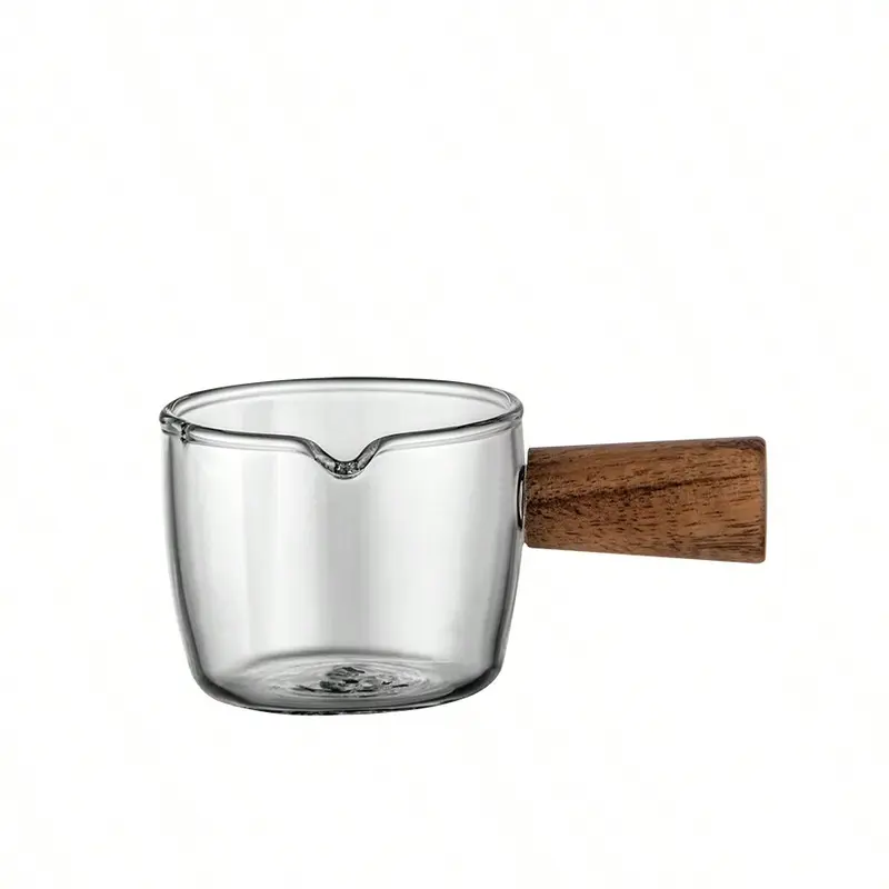 High Borosilicate Glass Mini Wooden Handle Milk Frothing Pitcher, Espresso Coffee Cup, Small Sauce Dish, Restaurant Milk Creamer 5