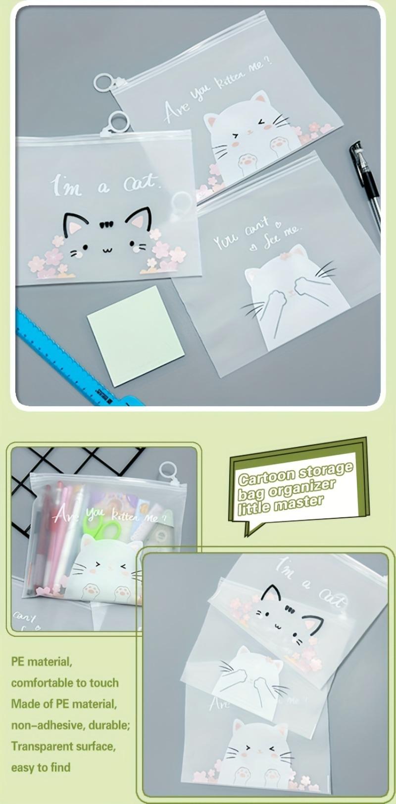 Product Introduction of 3PC Transparent A5 File Organizers - Cute Cartoon Cats, Large Capacity, Zipper Closure, Office Supplies 4
