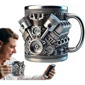 V8 Engine Design Stainless Steel Coffee Mug, Personalized Engines Stainless Steel Coffee Mug, Double-wall Insulated Coffee Cup for Car Enthusiasts, Drinkware