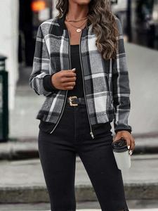 Women's Plaid Print Zip Up Bomber Jacket, Casual Long Sleeve Baseball Collar Outerwear for Spring & Fall, Ladies Clothes for Daily Wear, Coats