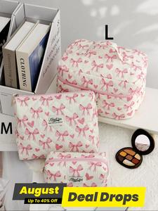 Bow Pattern Makeup Storage Bag Set, Cute Cosmetic Bag, Large Capacity Travel Toiletry Organizer Bag, Zipper Makeup Organizer Pouch