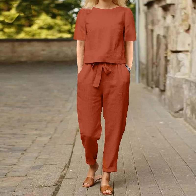 Women's Pullover Shirt And Pants Two-piece Set 2025 Women's Cotton And Linen Summer Suit Short Sleeved O-neck Outfit Pants 2