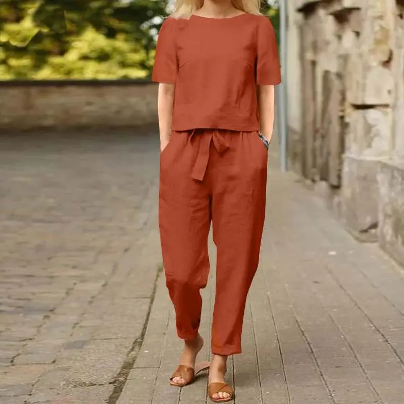Women's Pullover Shirt And Pants Two-piece Set 2025 Women's Cotton And Linen Summer Suit Short Sleeved O-neck Outfit Pants 2