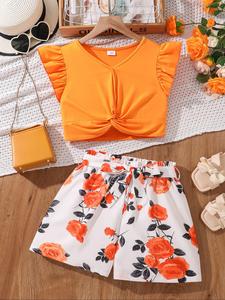 Girl's Plain Cap Sleeve Top & Floral Pattern Belted Shorts Two-piece Set, Casual Cute Butterfly Sleeve V Neck Top & Shorts for Summer, Kids Clothes for Daily Wear, Clothing, Summer Gift Set