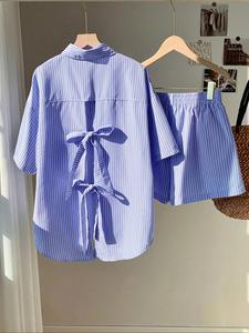 Two-piece Set Women's Striped Print Bow Back Top & Shorts, Casual Button Top & Shorts for Summer, Ladies Clothes for Vacation Holiday