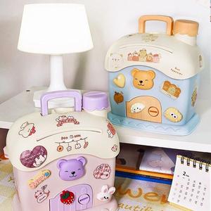 Bear Design Piggy Bank, 1 Count Cute Coin Bank with 2 Counts Key & 1 Count Random Color Sticker, Home Decor for Living Room Bedroom School