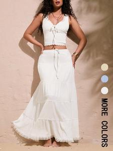 Two-piece Set Women's Basic Contrast Lace Tank Top & Skirt, Casual Minimalist Tie Front Sleeveless Top & Long Skirt for Beach Holiday Vacation, Ladies Summer Clothes, Womenswear, Casual Matching Set, Skirt Top Sets, Cute Summer Outfit