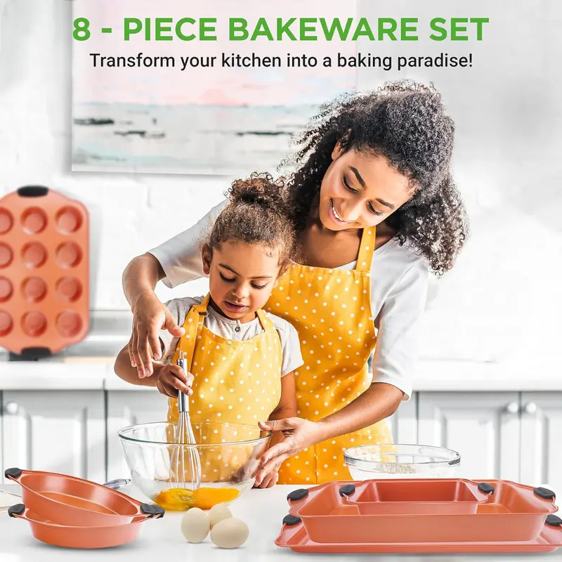 8 Piece Baking Pan Free Flexible Nonstick Carbon Steel Bakeware Set - Home Kitchen Bake Pan Cookie Sheet Stackable Baking Tray Set w/Black Silicone Handles 1